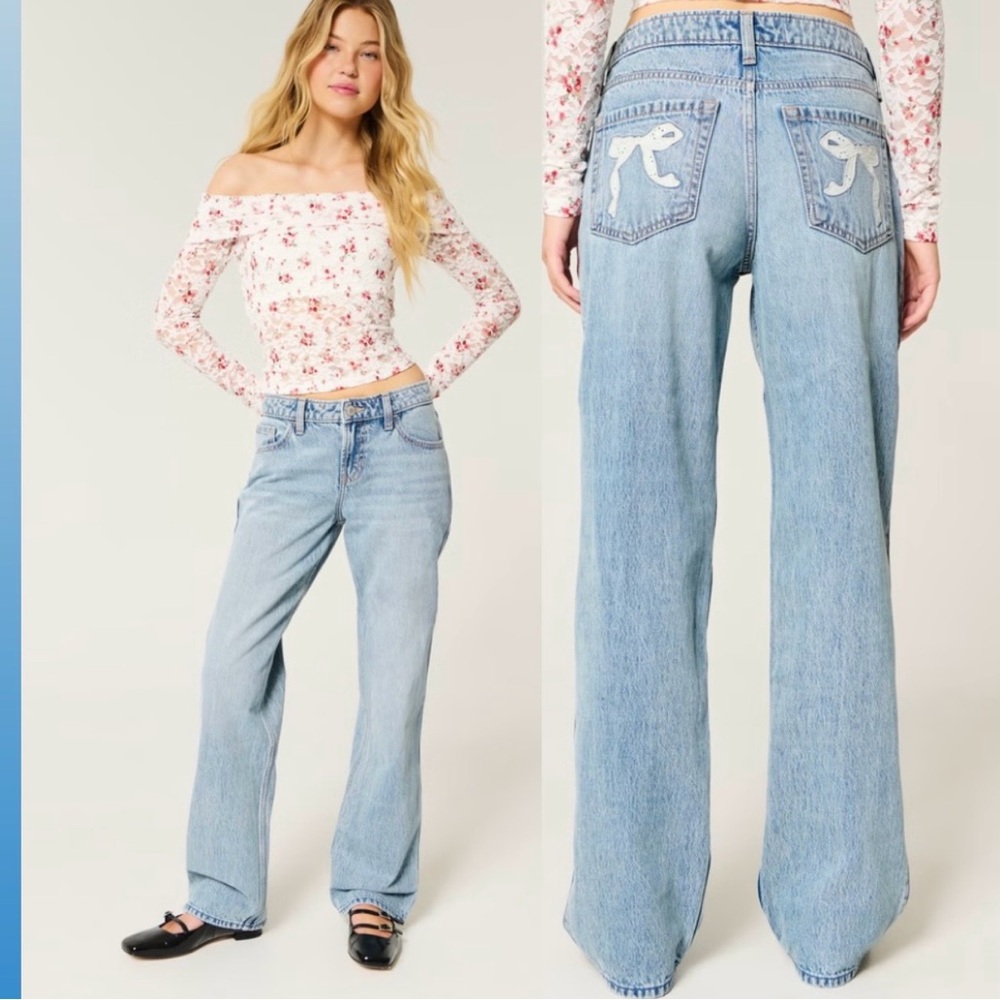 NWT Hollister Low-Rise Medium Wash Eyelet Bow Loose Jeans